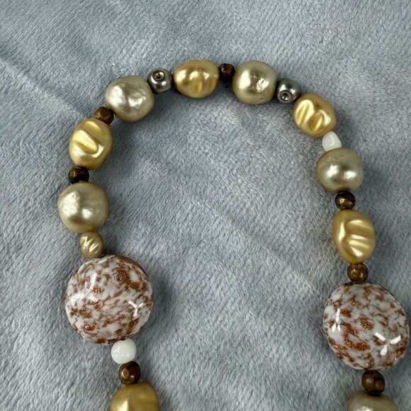 Gold Copper Speckled Long Beaded Necklace White Marble Effect Statement Beads - Picture 11 of 16